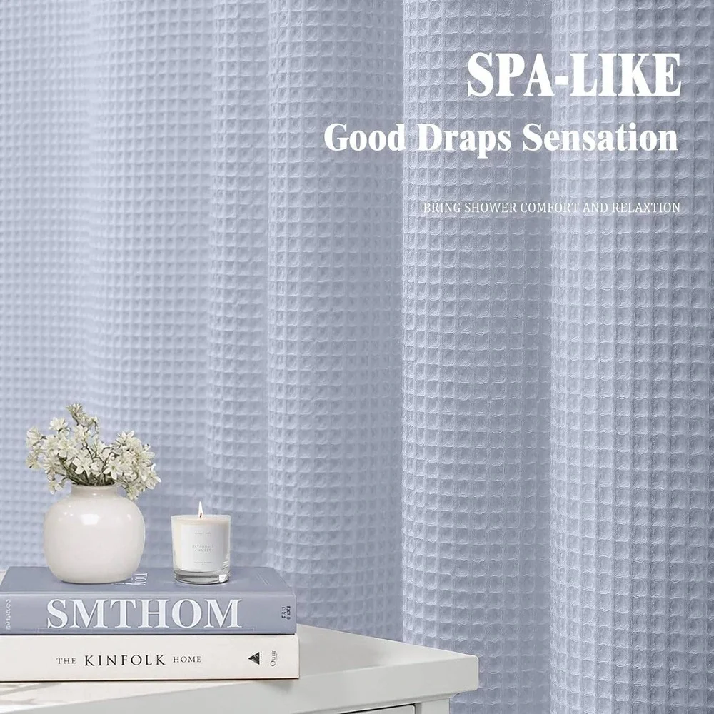 XOGUIBO Waffle Weave Shower Curtain Light Blue Cotton Blend Matte Spa Style